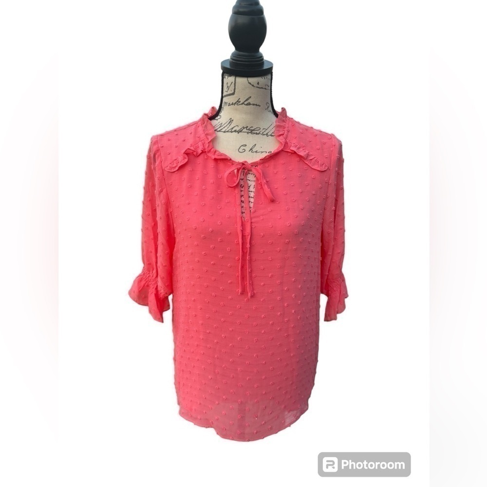 CeCe Split Neck Clip Dot Chiffon Blouse Womens Size Medium Coral